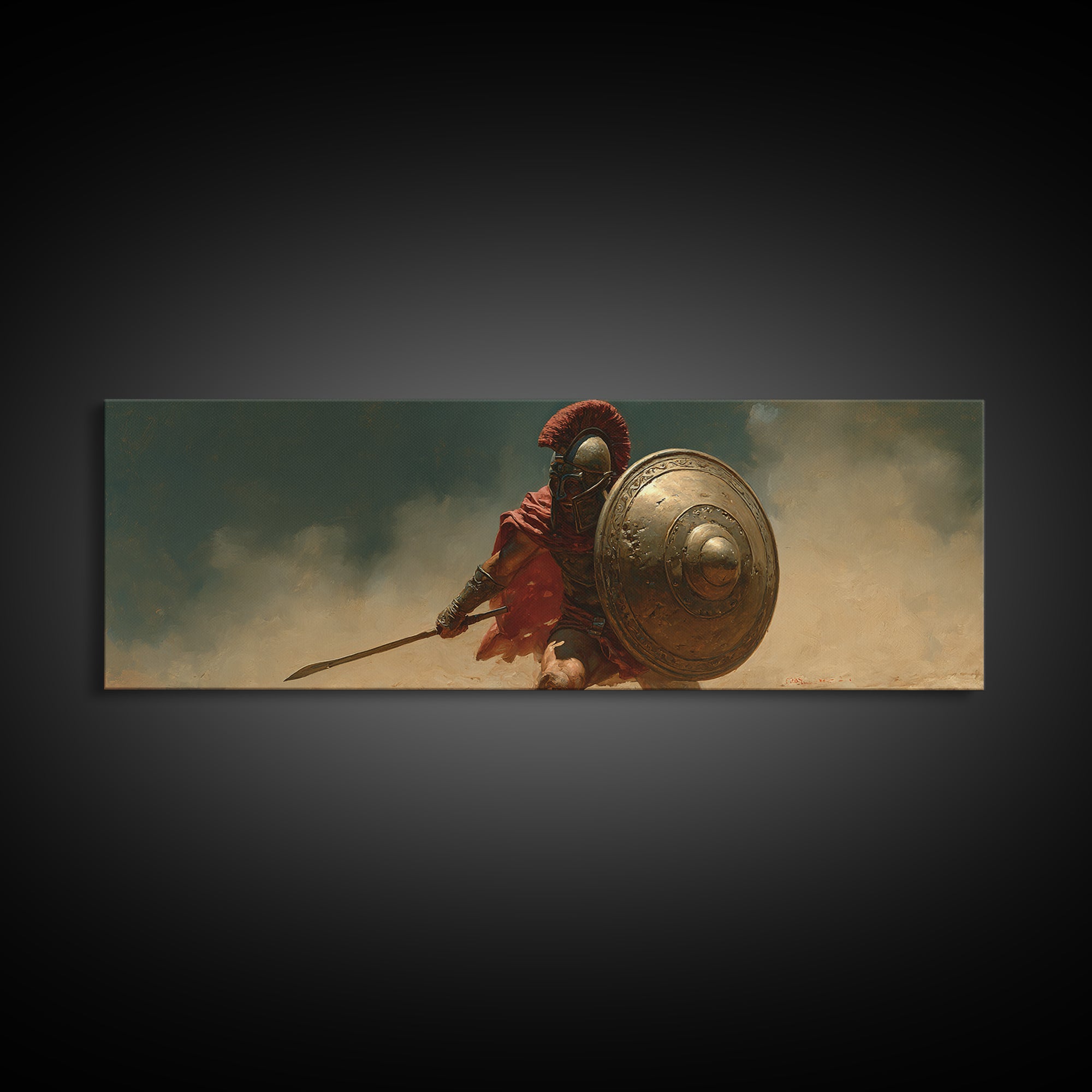 Spartan Warrior With Bronze Shield Canvas Print, Ancient Greek Battle Wall Art, Historical Decor, Masculine Gift For Him
