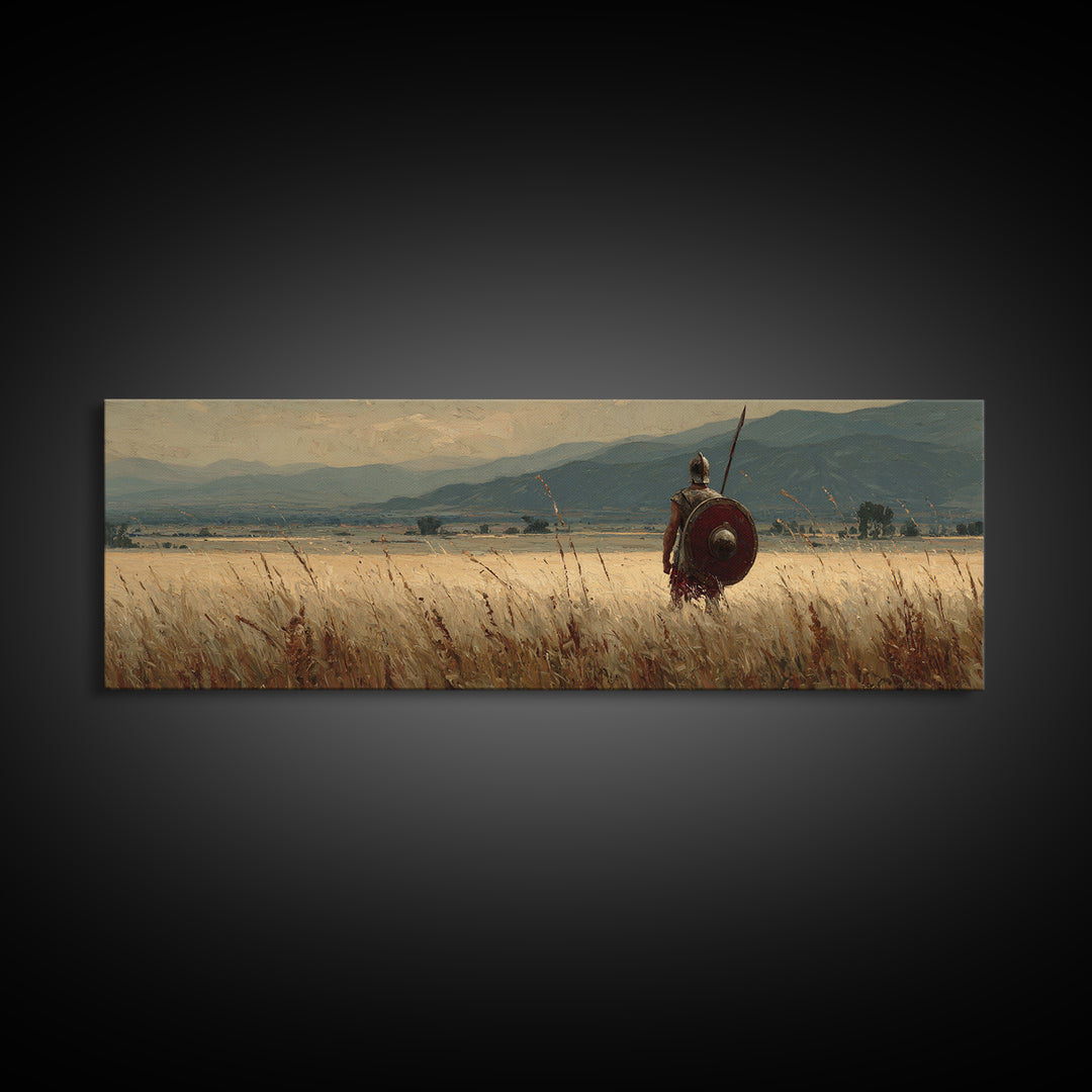 Lone Spearman In Golden Field Canvas Print, Ancient Warrior Landscape, Rustic Wall Art, Historical Decor, Long Horizontal Art