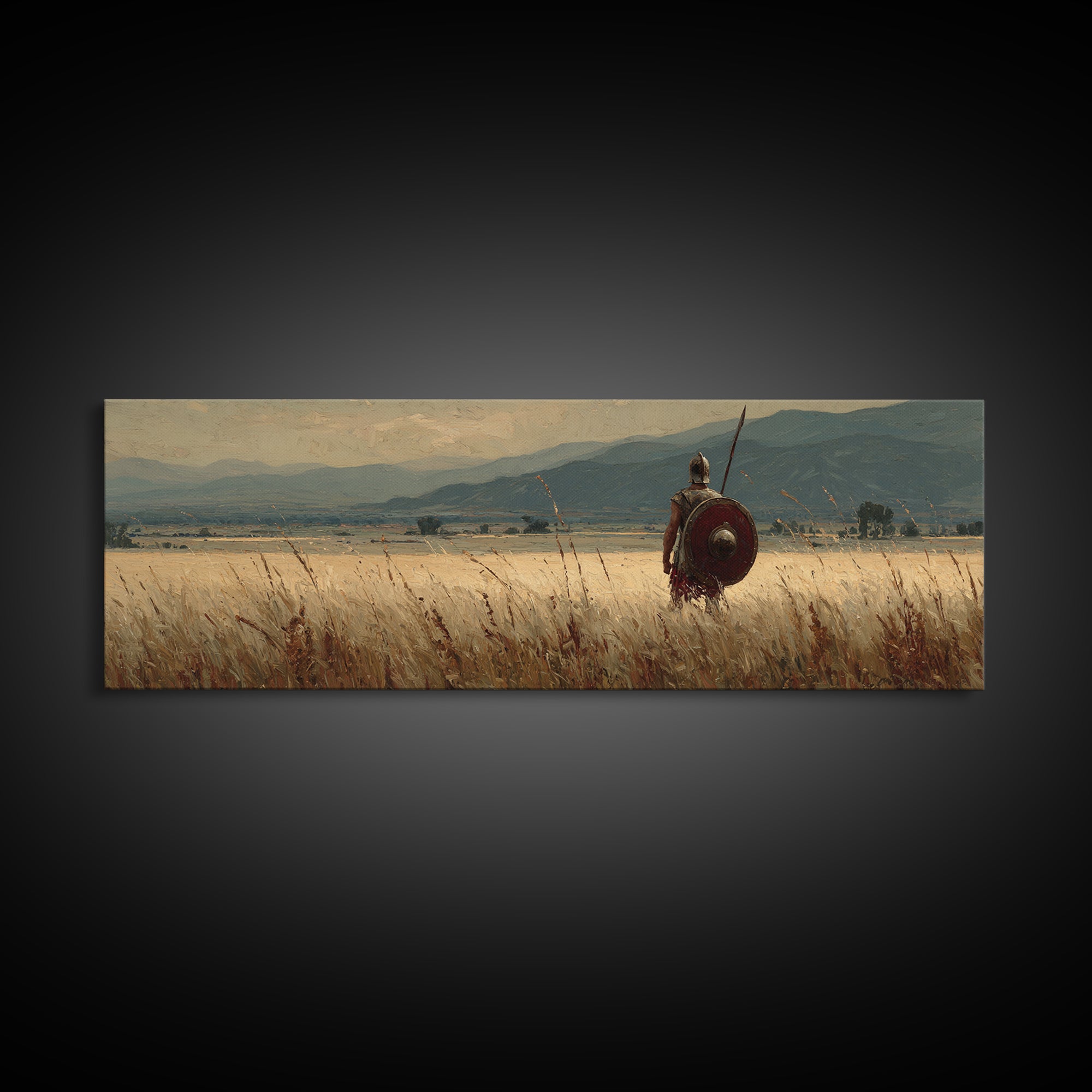 Lone Spearman In Golden Field Canvas Print, Ancient Warrior Landscape, Rustic Wall Art, Historical Decor, Long Horizontal Art