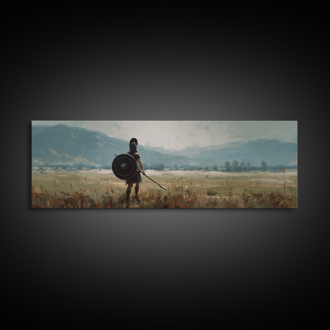 Lone Shield Warrior Landscape Wall Art, Viking Fantasy Canvas, Mountain Battlefield Print, Rustic Medieval Home Decor Gift