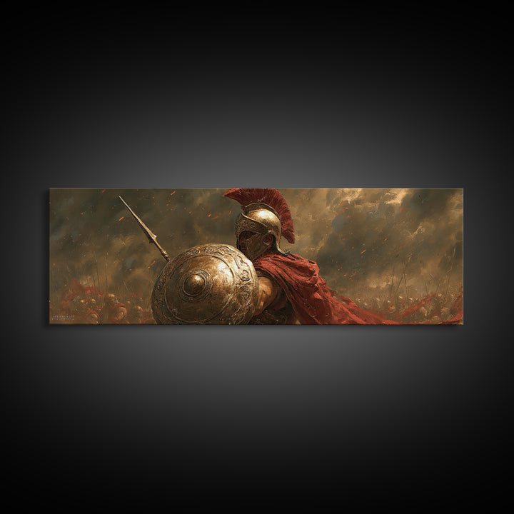Golden Spartan Warrior With Shield Framed Canvas Print, Greek Mythology Wall Art, Ancient Battle Decor, Gift For Him, Masculine Office Decor