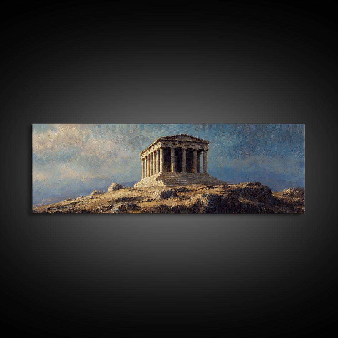 Ancient Greek Temple On Rocky Hill Wall Art, Classical Landscape Painting, European Decor, Large Framed Canvas Print For Home