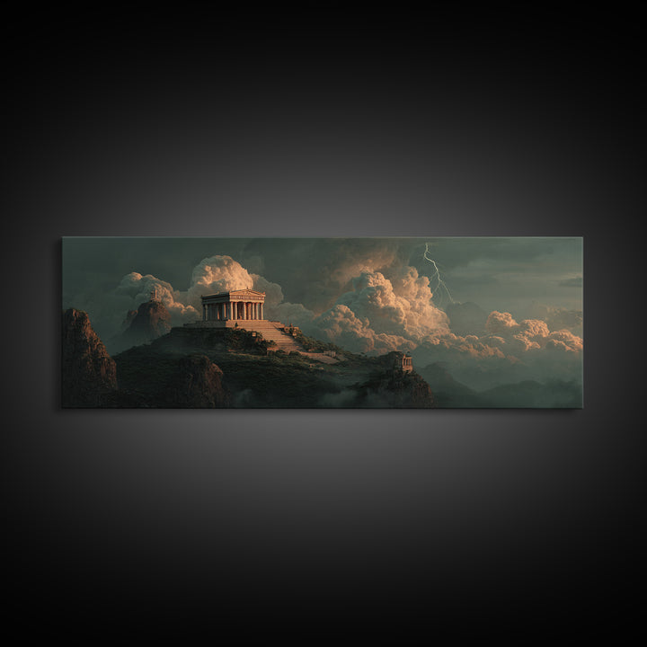 Ancient Greek Temple Above Stormy Peaks Wall Art, Mythological Landscape Canvas Print, Classical Decor, Dramatic Office Art