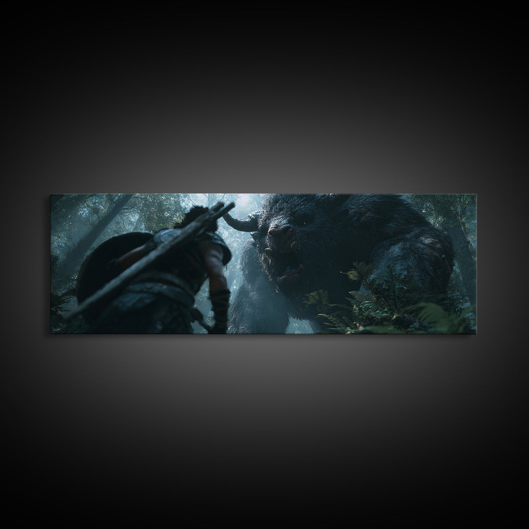 Warrior Facing Giant Forest Beast Canvas Print, Dark Fantasy Wall Art, Mythical Creature Decor, Dramatic Game Room Poster