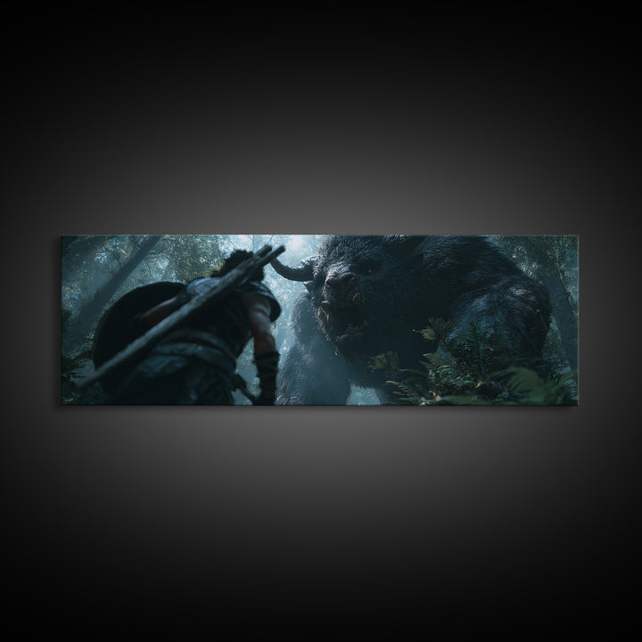 Warrior Facing Giant Forest Beast Canvas Print, Dark Fantasy Wall Art, Mythical Creature Decor, Dramatic Game Room Poster
