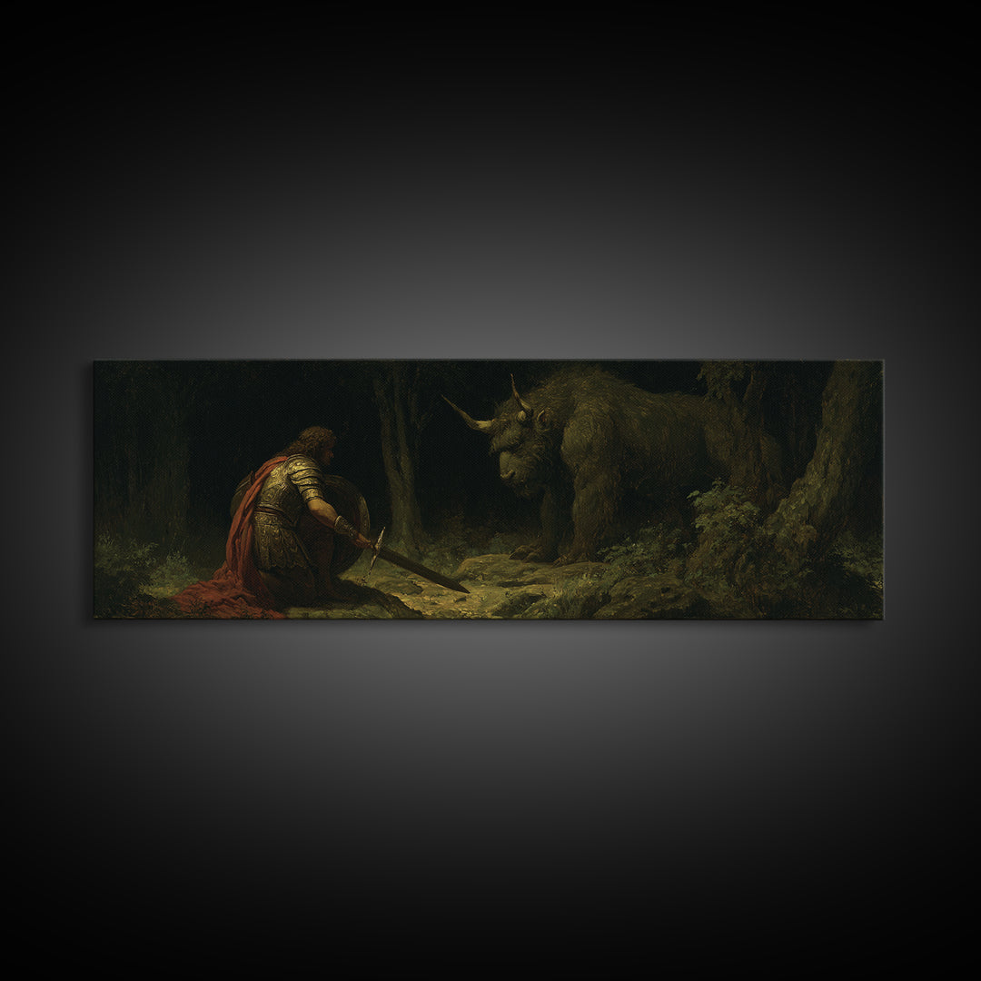 Kneeling Knight Facing Dark Forest Unicorn Wall Art, Mythical Fantasy Canvas Print, Gothic Fairytale Decor Unique Gift For Him