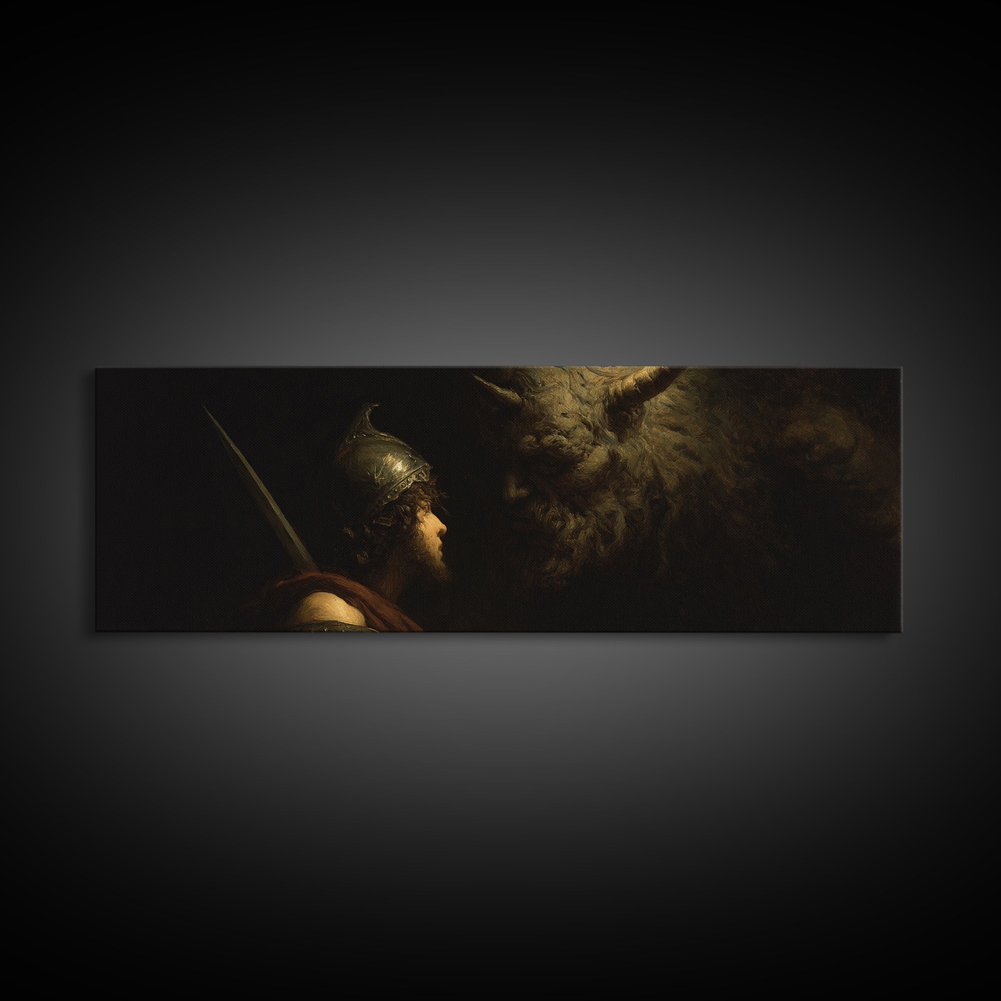 Ancient Warrior Facing Horned Beast Canvas Print, Dark Fantasy Mythology Wall Art, Dramatic Gothic Decor For Living Room