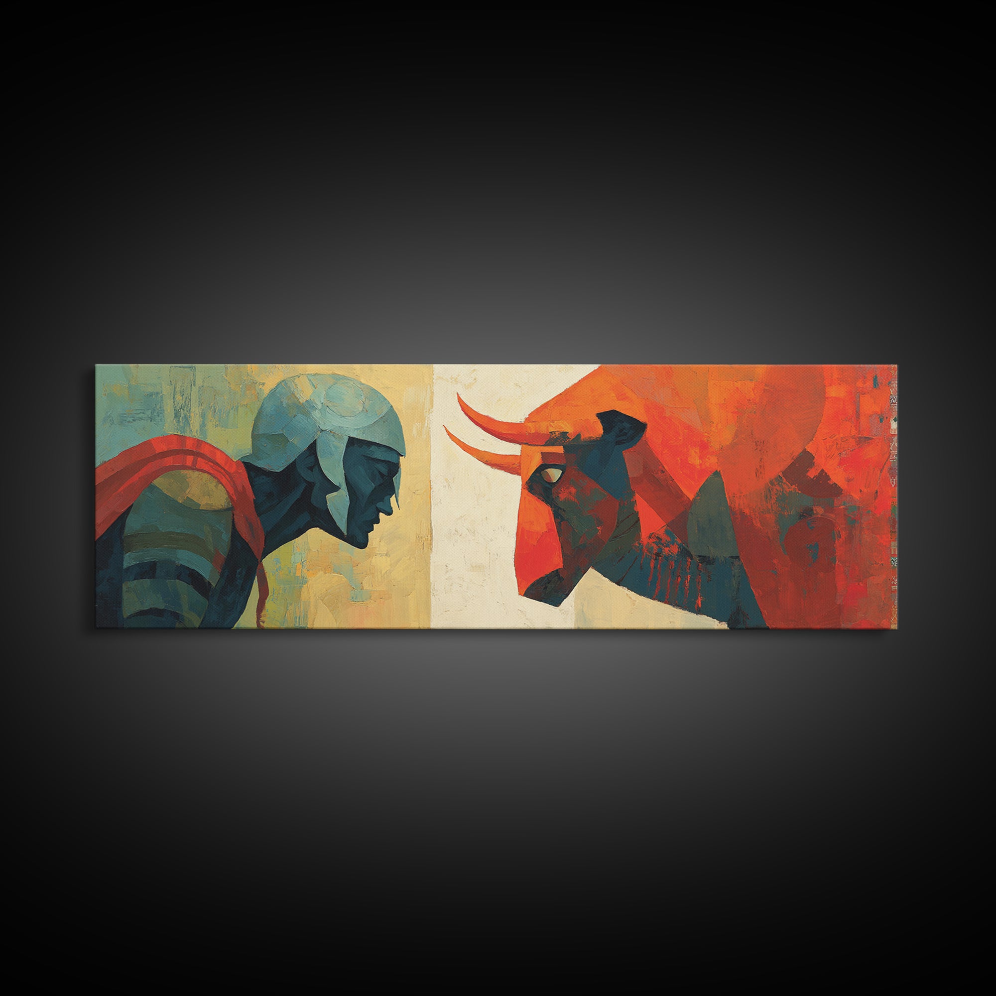 Modern Warrior And Red Bull Canvas Print, Geometric Mythology Wall Art, Mid Century Abstract Decor For Bold Living Room Art