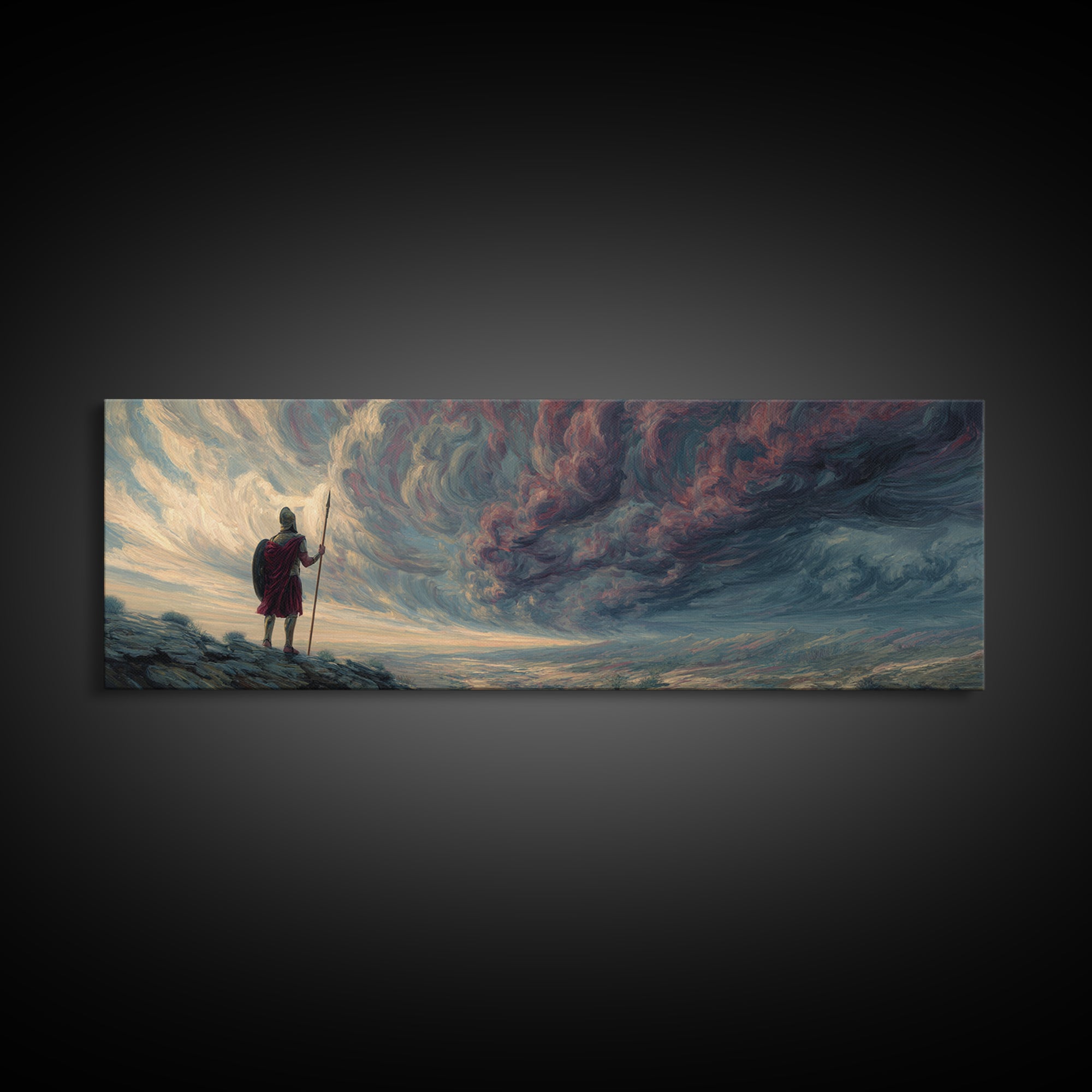 Lone Warrior Under Stormy Sky Wall Art, Dramatic Fantasy Landscape Canvas Print, Moody Large Horizontal Living Room Decor