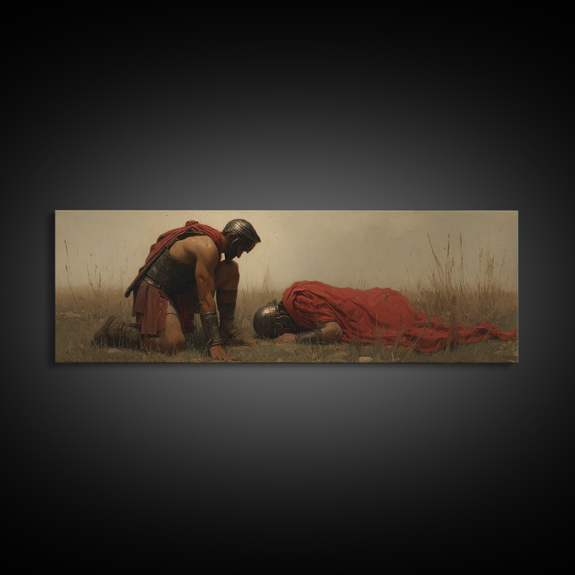 Kneeling Warrior Beside Fallen Soldier Wall Art, Historical Battlefield Canvas Print, Dramatic Masculine Living Room Decor