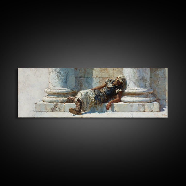 Resting Roman Soldier By Marble Columns Wall Art, Ancient Warrior Oil Painting Print, Classical History Decor, Housewarming Gift