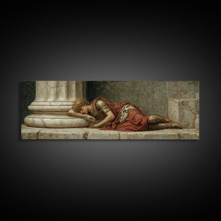 Resting Roman Soldier By Marble Column Framed Canvas Print, Classical Wall Art, Dark Academia Decor, Historical Gift For Him