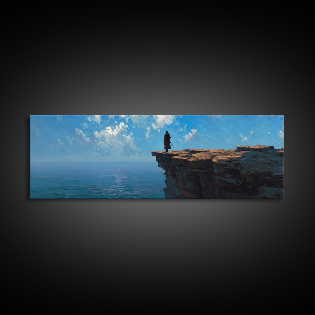 Lone Figure On Ocean Cliff Wall Art, Moody Coastal Landscape Canvas, Blue Seascape Print, Large Living Room Decor, Housewarming Gift