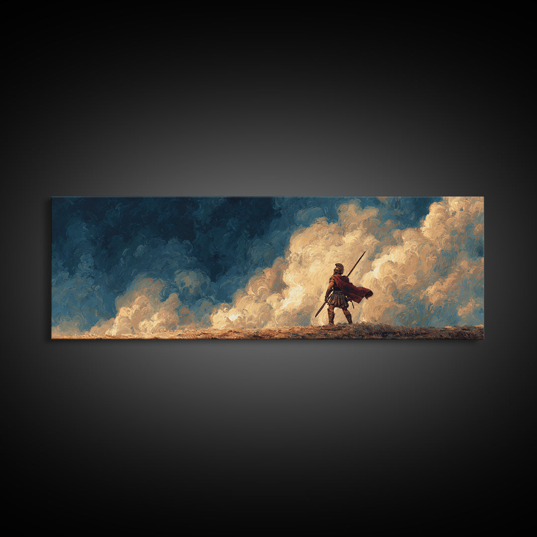 Lone Spearman Facing Golden Clouds Wall Art, Heroic Fantasy Landscape Canvas, Modern Masculine Office Decor Gift For Him