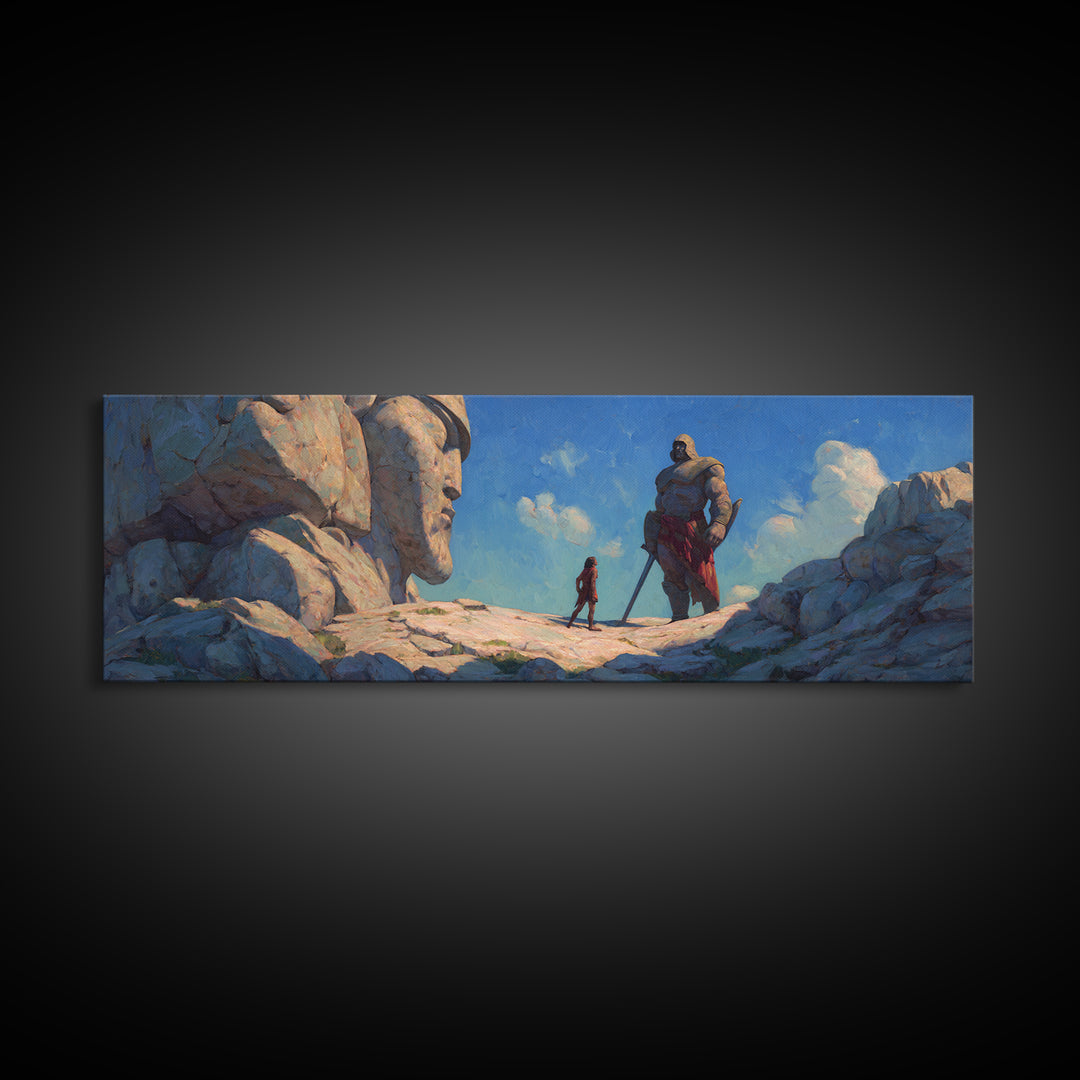 Giant Stone Guardians In Mountain Pass Canvas Print, Epic Fantasy Landscape Art, Dnd Room Decor, Adventure Wall Decor Gift