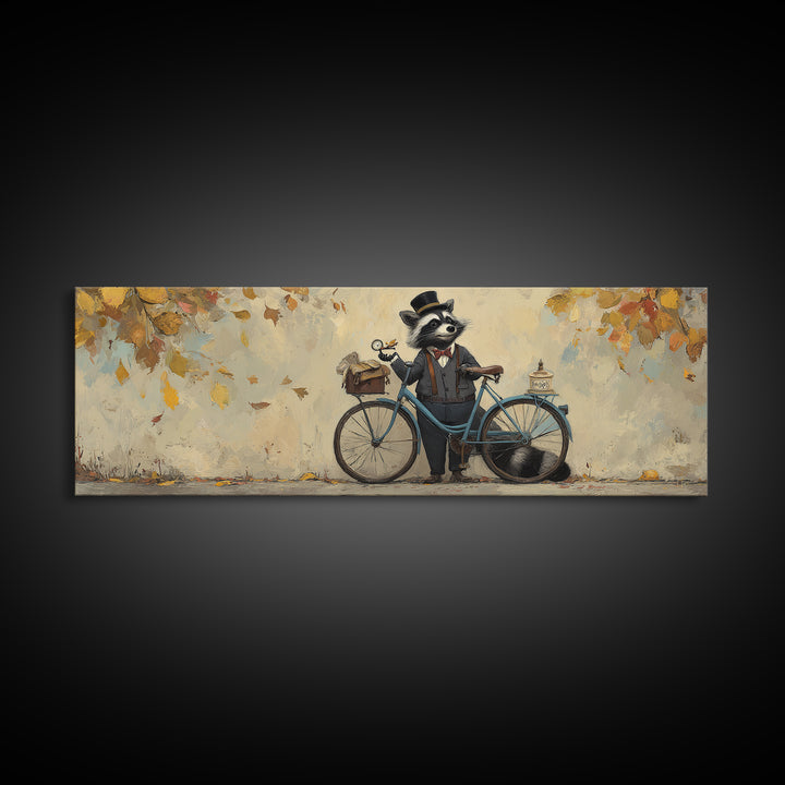 Dapper Raccoon With Bicycle Canvas Print, Whimsical Woodland Animal Wall Art, Autumn Nursery Decor, Cute Kids Room Gift For Her