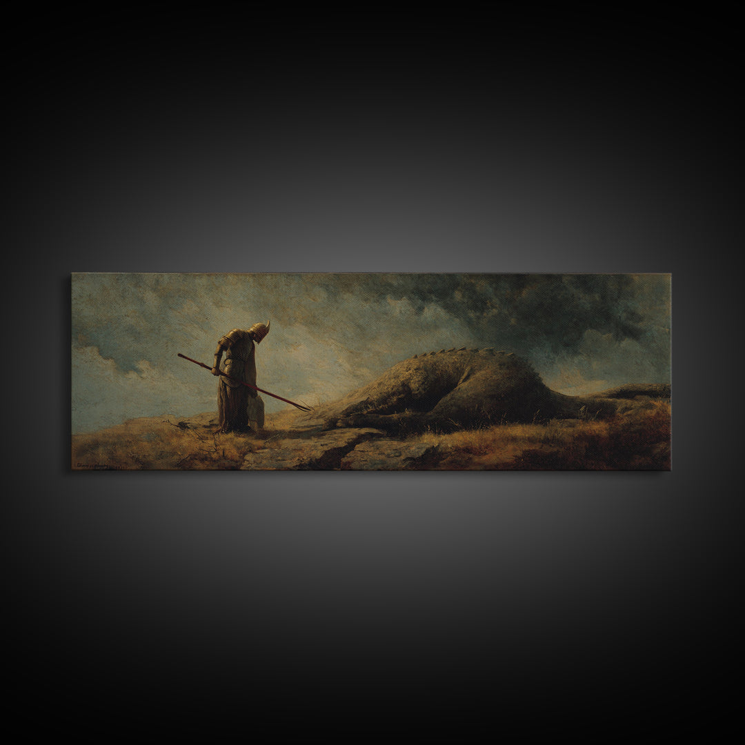 Cloaked Hunter Beside Fallen Giant Wall Art, Dark Fantasy Landscape, Mythical Creature Decor, Gothic Canvas Print, Fantasy Gift