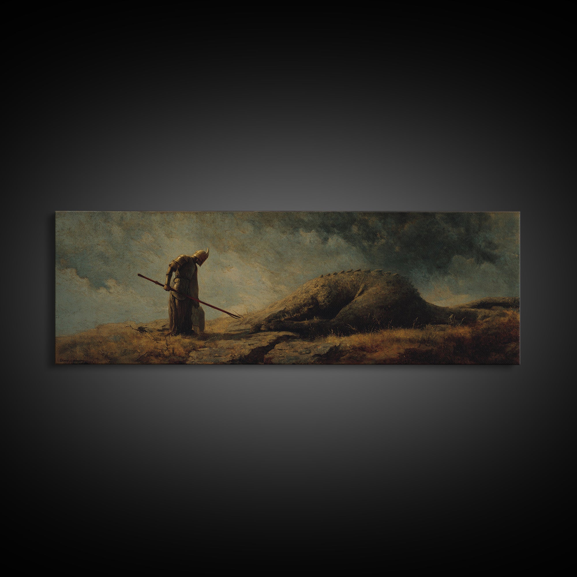 Cloaked Hunter Beside Fallen Giant Wall Art, Dark Fantasy Landscape, Mythical Creature Decor, Gothic Canvas Print, Fantasy Gift