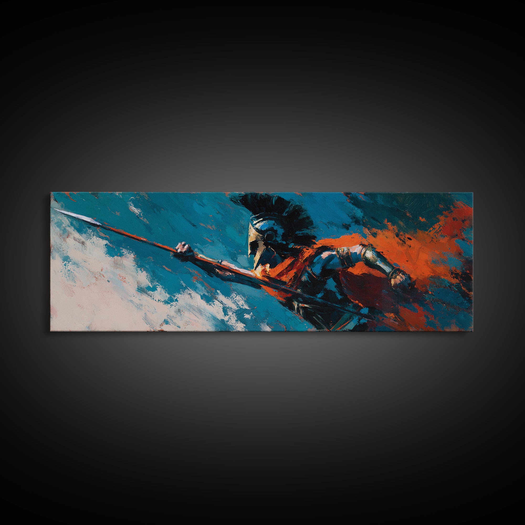Spartan Spearman In Teal And Orange Canvas Print, Greek Warrior Wall Art, Bold Abstract Decor, Masculine Office Art Gift For Him