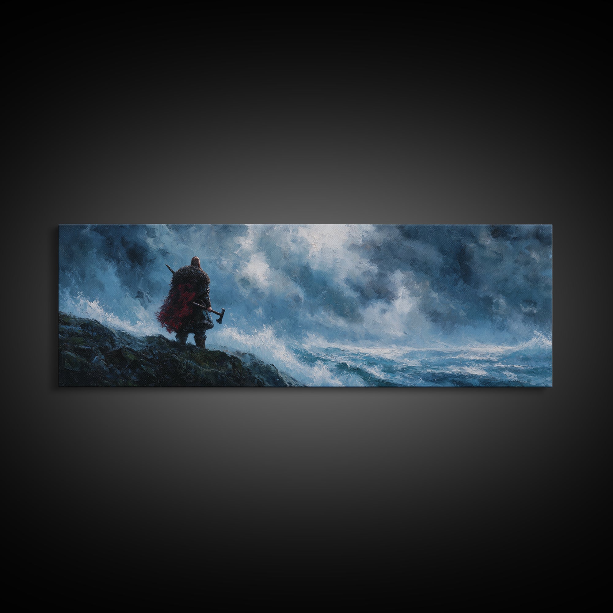Lone Viking On Stormy Shore Framed Canvas Print, Norse Seascape Wall Art, Moody Coastal Decor, Fantasy Gift For Him, Dramatic Ocean Poster