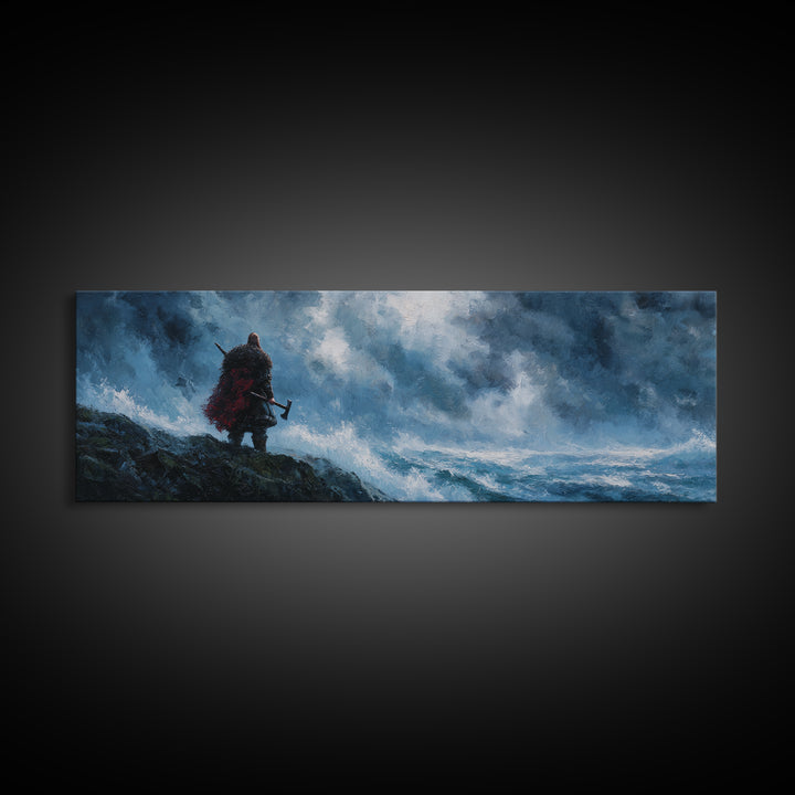 Lone Viking On Stormy Shore Framed Canvas Print, Norse Seascape Wall Art, Moody Coastal Decor, Fantasy Gift For Him, Dramatic Ocean Poster