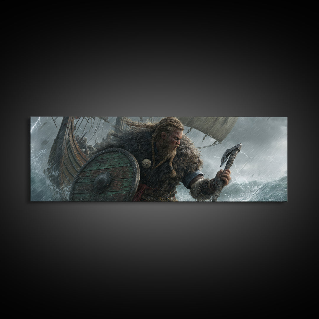 Stormy Viking Warrior At Sea Wall Art, Norse Ship Canvas, Dark Fantasy Decor, Warrior Gift, Nautical Living Room Art, Rustic Home Decor