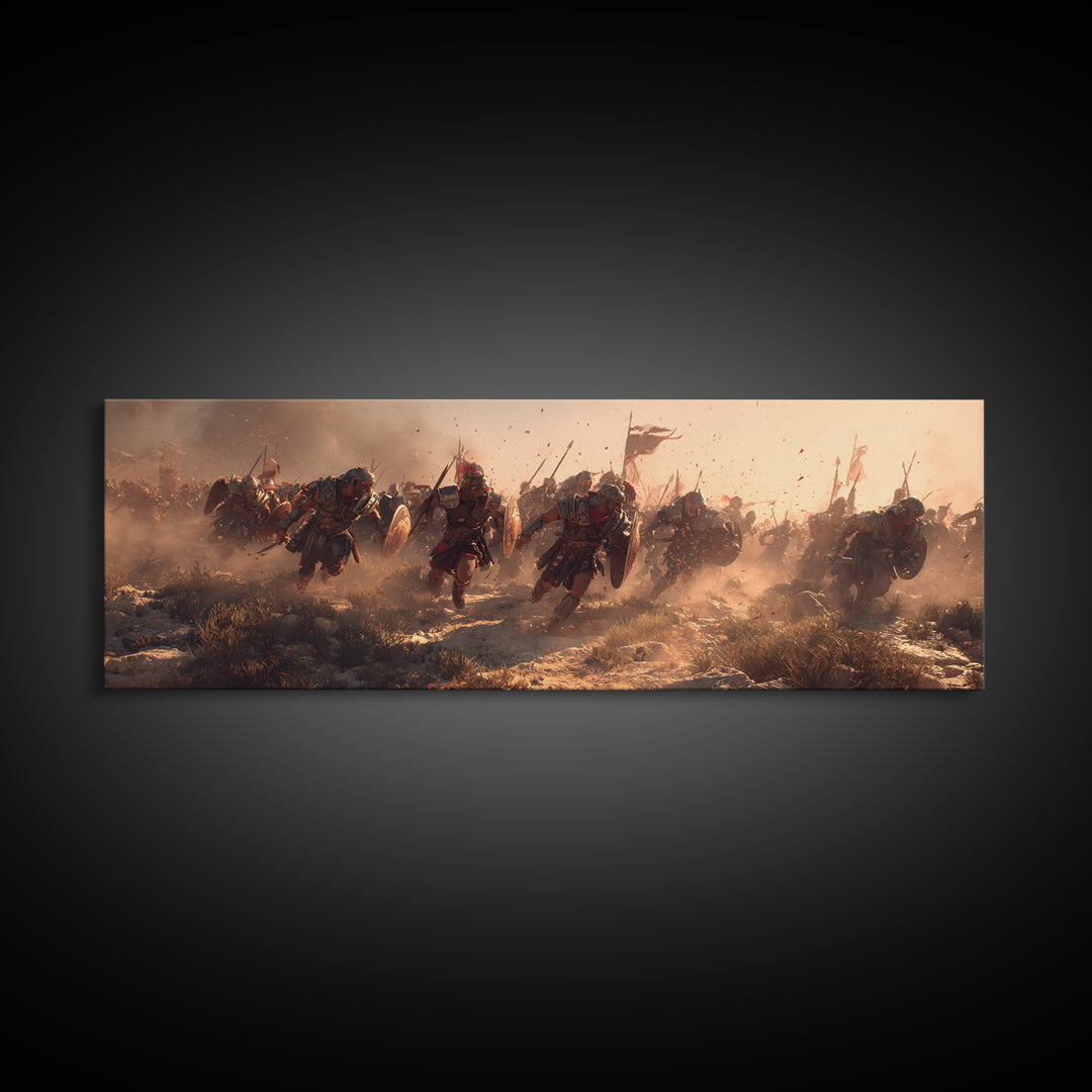 Dusty Warrior Cavalry Charge Wall Art, Epic Battle Framed Canvas Print, Historical War Decor, Large Masculine Gift For Him