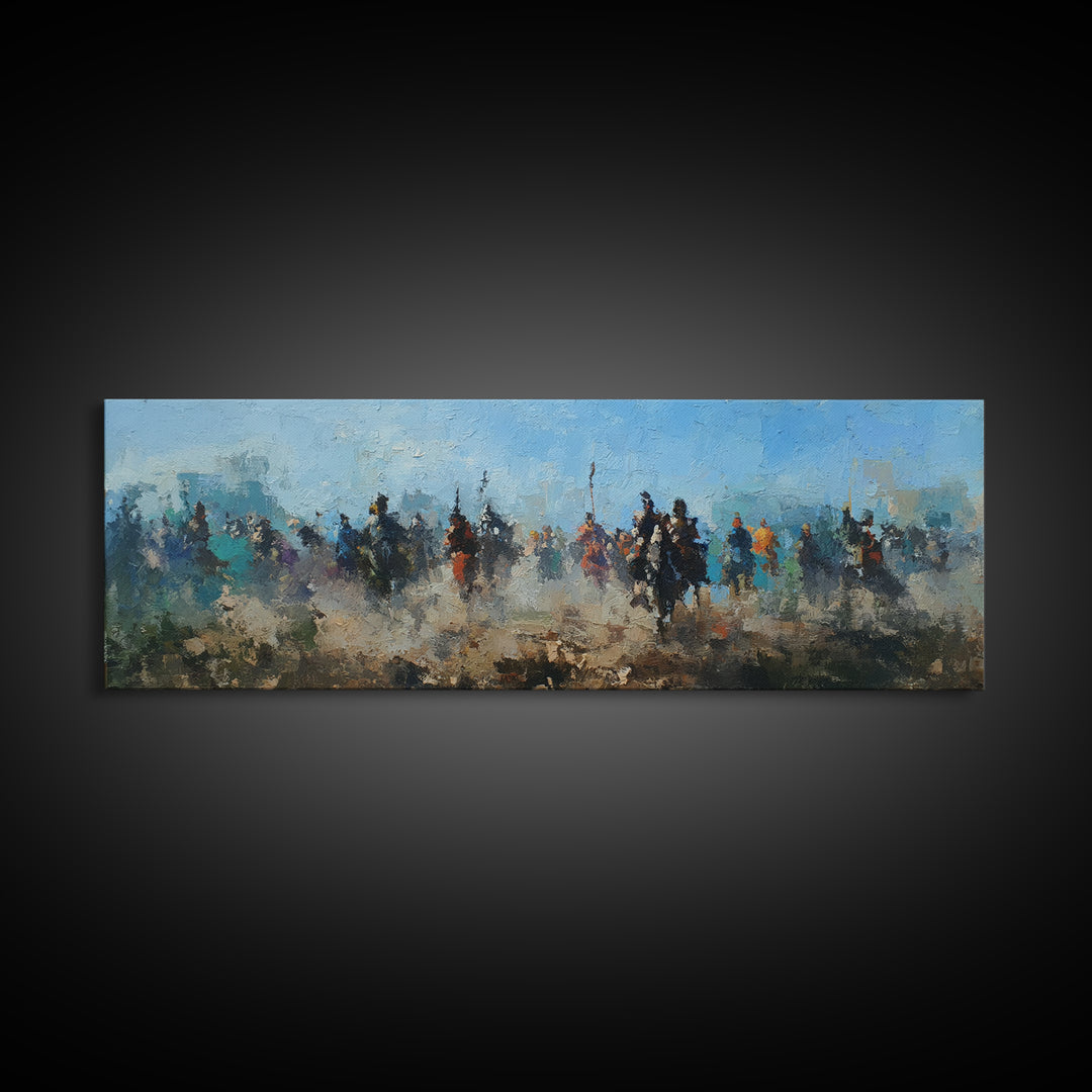 Abstract Cavalry Riders In Blue Haze Wall Art, Horseback Battle Oil Painting Print, Western Living Room Decor Gift For Him