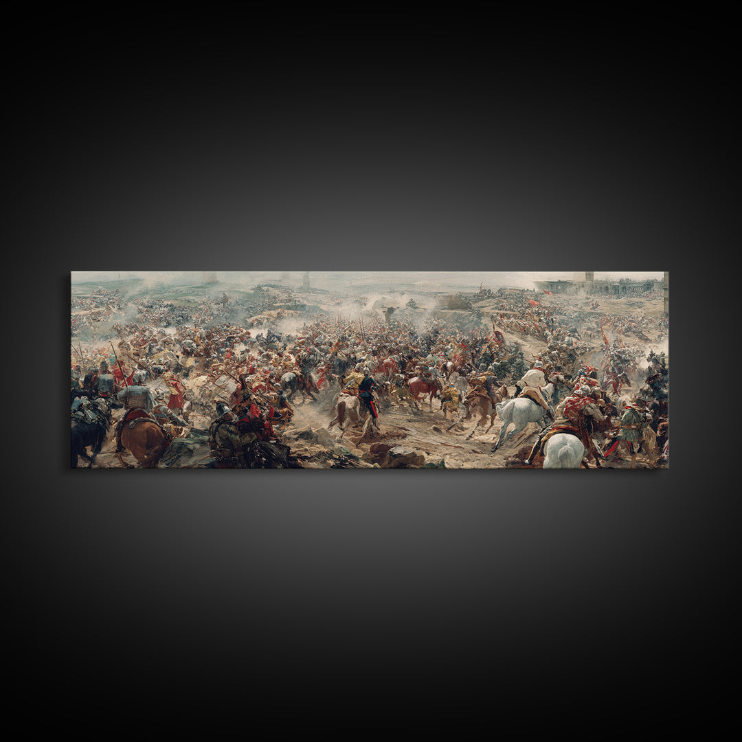 Epic Cavalry Charge Across Vast Battlefield Wall Art, Panoramic Historical Battle Canvas, Classical Living Room Decor Gift