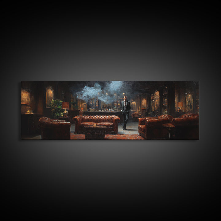 Smoky Gentleman In Leather Lounge Wall Art, Speakeasy Home Bar Canvas Print, Moody Masculine Living Room Decor Gift For Him