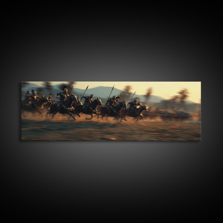 Armored Cavalry Charge At Sunset Wall Art, Epic Horse Battle Canvas Print, Western Warrior Decor, Gift For Him, Masculine Office Decor