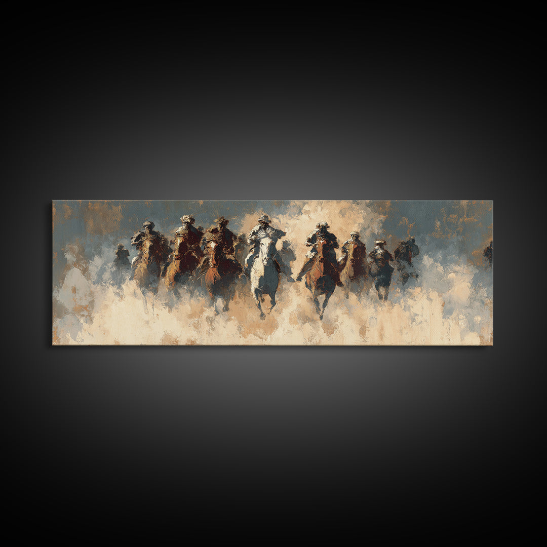 Charging Horsemen In Dusty Plains Wall Art, Abstract Cavalry Battle Painting, Western Decor, Large Horizontal Canvas Print