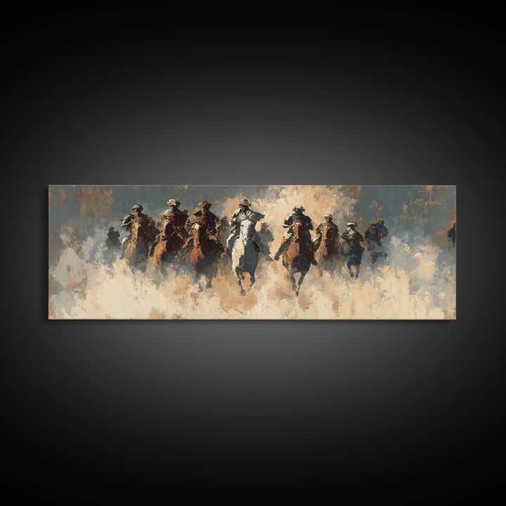 Charging Horsemen In Dusty Plains Wall Art, Abstract Cavalry Battle Painting, Western Decor, Large Horizontal Canvas Print