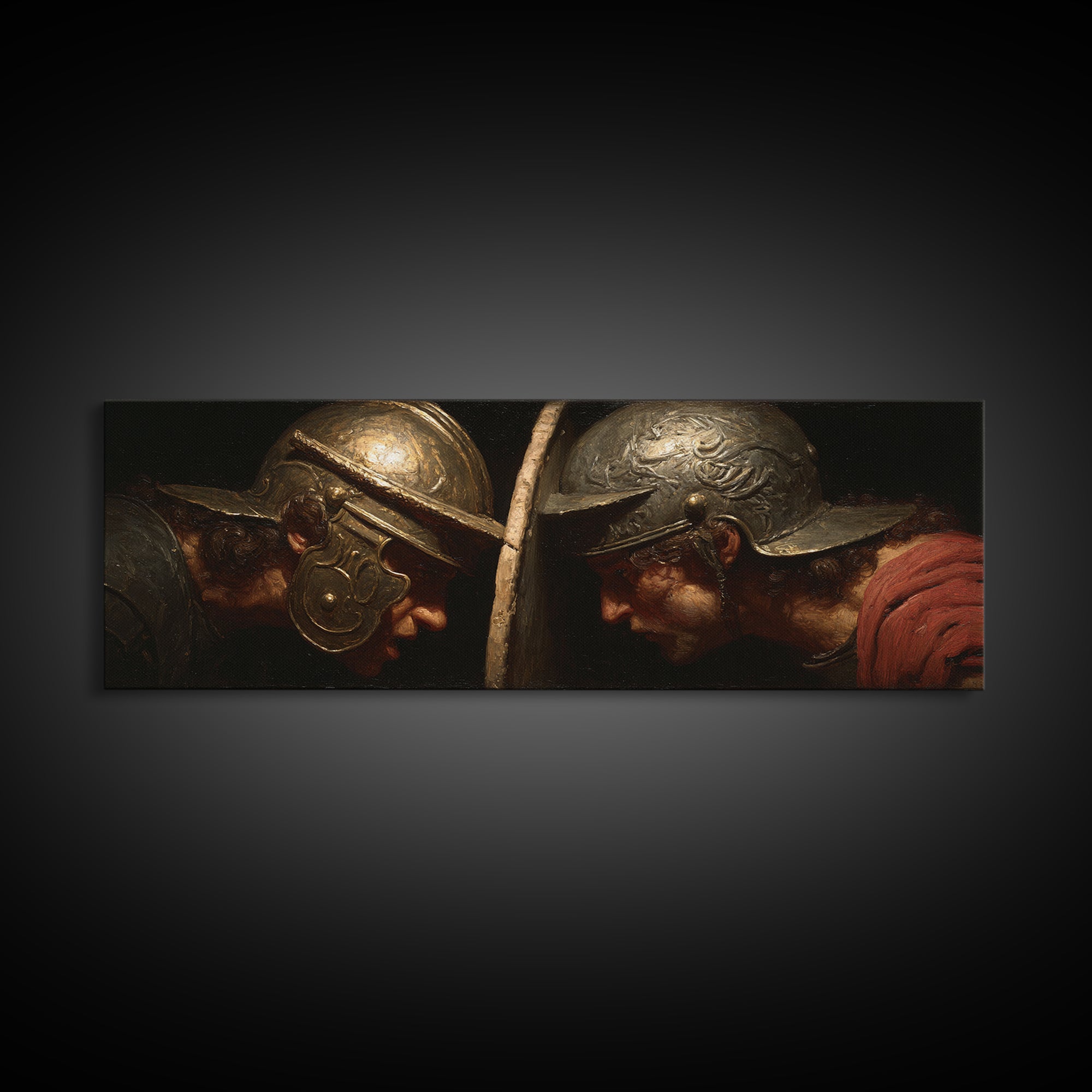 Gladiator Helmet Duel Framed Canvas Print, Ancient Roman Wall Art, Historical Battle Decor, Masculine Office Gift For Him