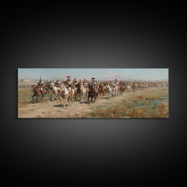 Charging Cavalry Across Open Field Wall Art, Equestrian Historical Canvas Print, Horse Lover Living Room Office Decor Gift