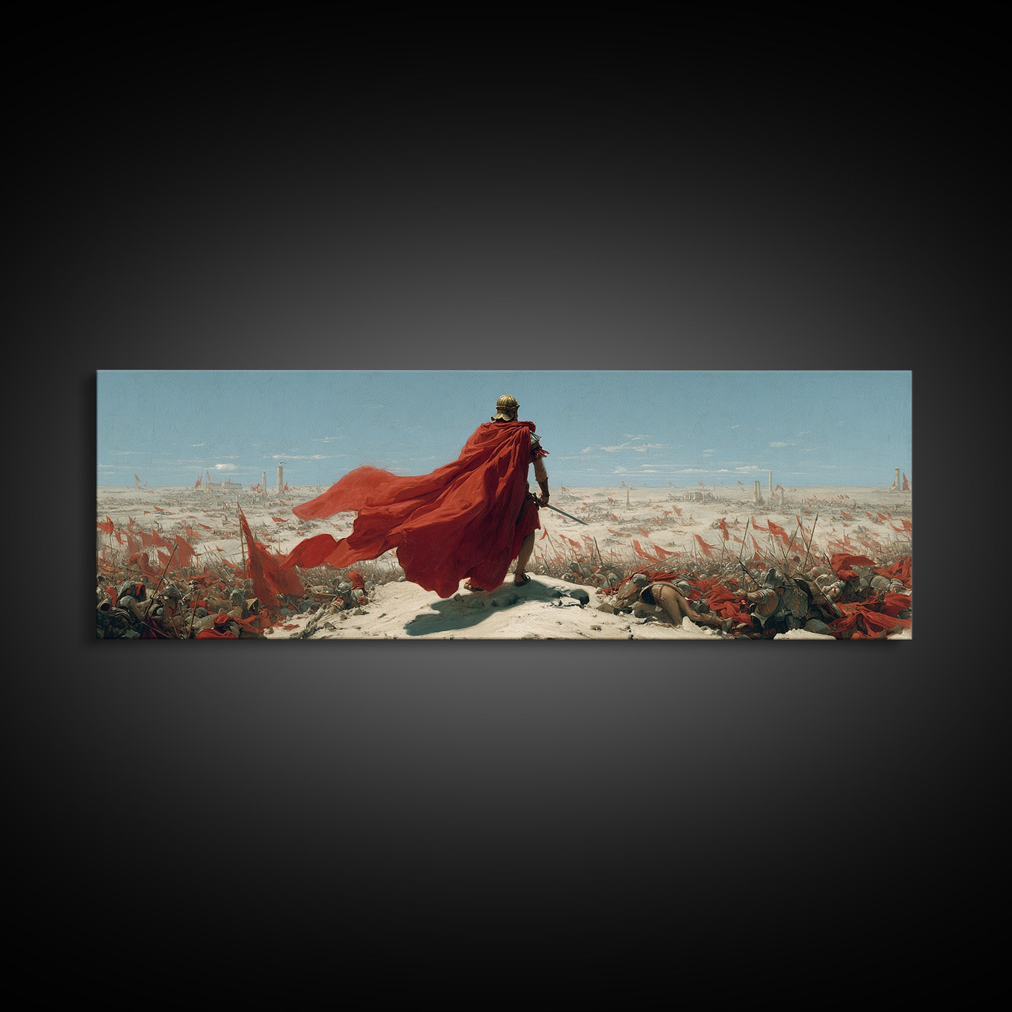 Red Cloaked Commander Over Snowy Battlefield Wall Art, Epic Fantasy Warrior, Historical Canvas Print, Statement Office Decor