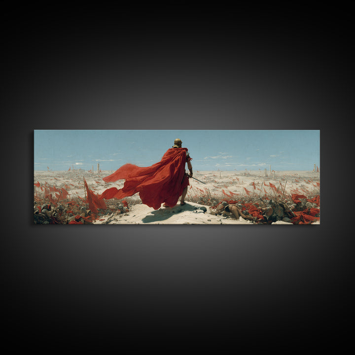 Red Cloaked Commander Over Snowy Battlefield Wall Art, Epic Fantasy Warrior, Historical Canvas Print, Statement Office Decor