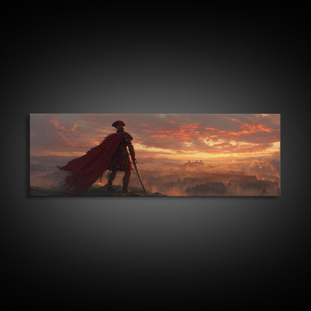 Roman General Over Sunset Empire Wall Art, Red Cape Warrior Landscape, Classical Fantasy Decor, Cinematic Large Canvas Print