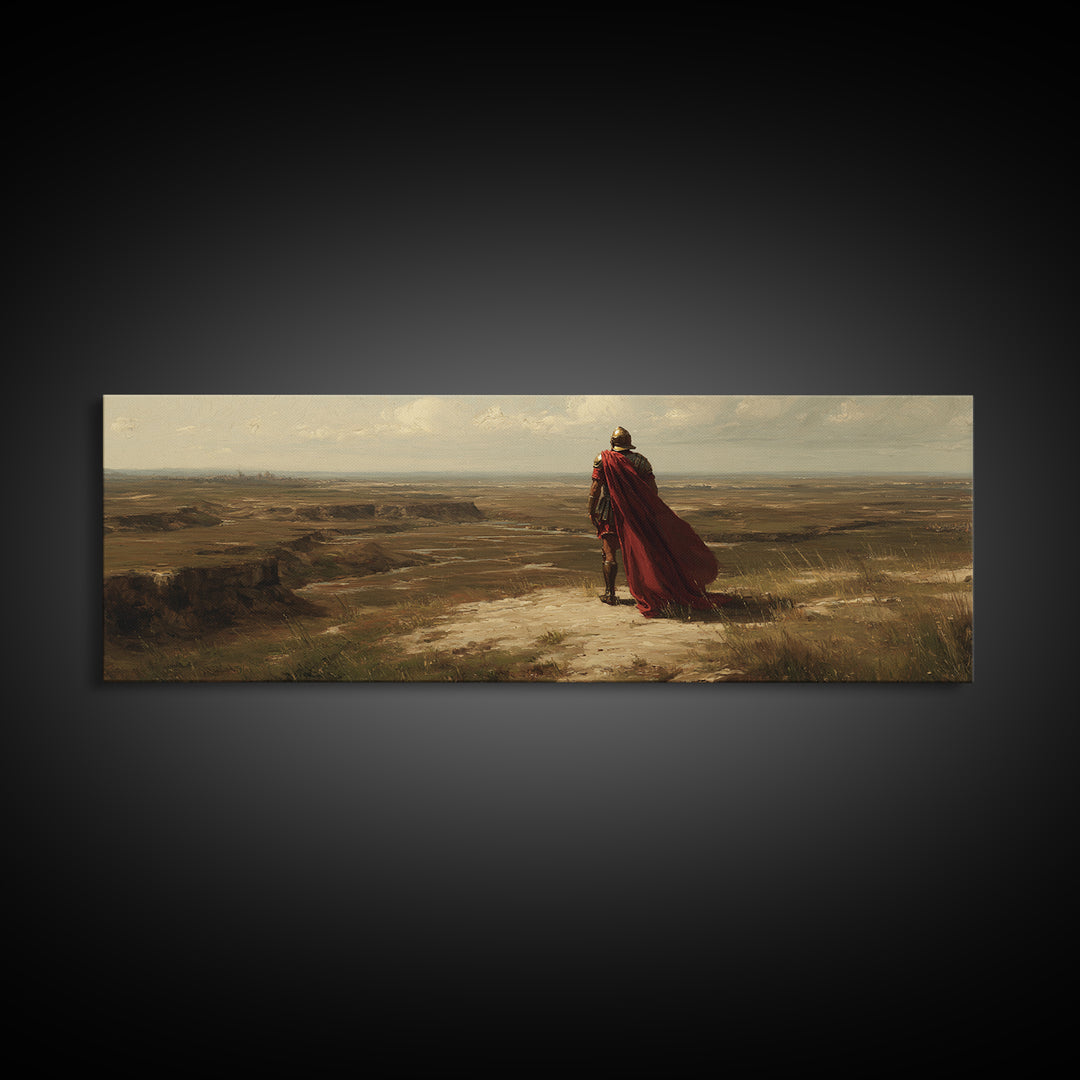 Red Cape Warrior Canyon Wall Art, Epic Fantasy Landscape Canvas, Ancient Hero Print, Rustic Western Statement Decor Gift