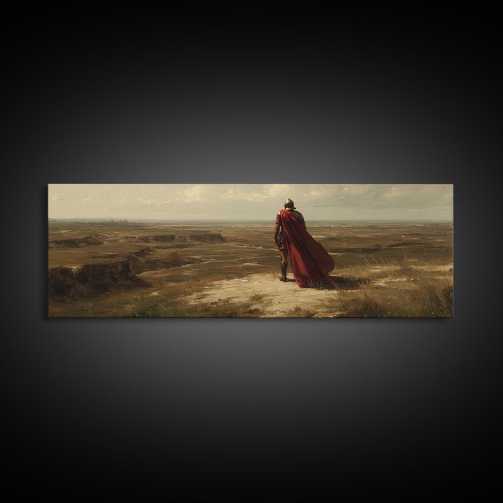 Red Cape Warrior Canyon Wall Art, Epic Fantasy Landscape Canvas, Ancient Hero Print, Rustic Western Statement Decor Gift