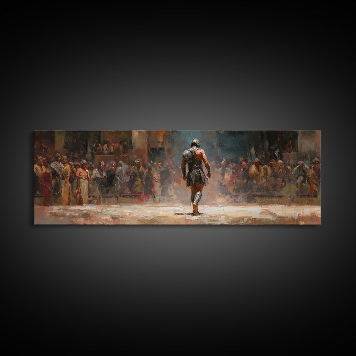 Lone Gladiator Arena Oil Painting Wall Art, Ancient Warrior Canvas, Roman Battle Decor, Dramatic Fantasy Print For Man Cave