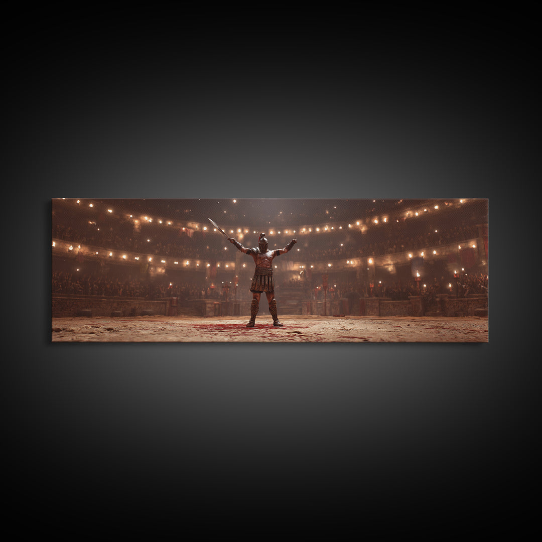 Triumphant Gladiator In Torchlit Arena Wall Art, Roman Warrior Fantasy Canvas, Epic Battle Decor, Cinematic Man Cave Art