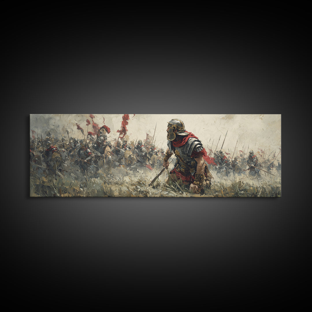 Ancient Warrior Leading Smoky Battlefield Wall Art, Panoramic Historical Battle Canvas, Masculine Office Decor Gift For Him