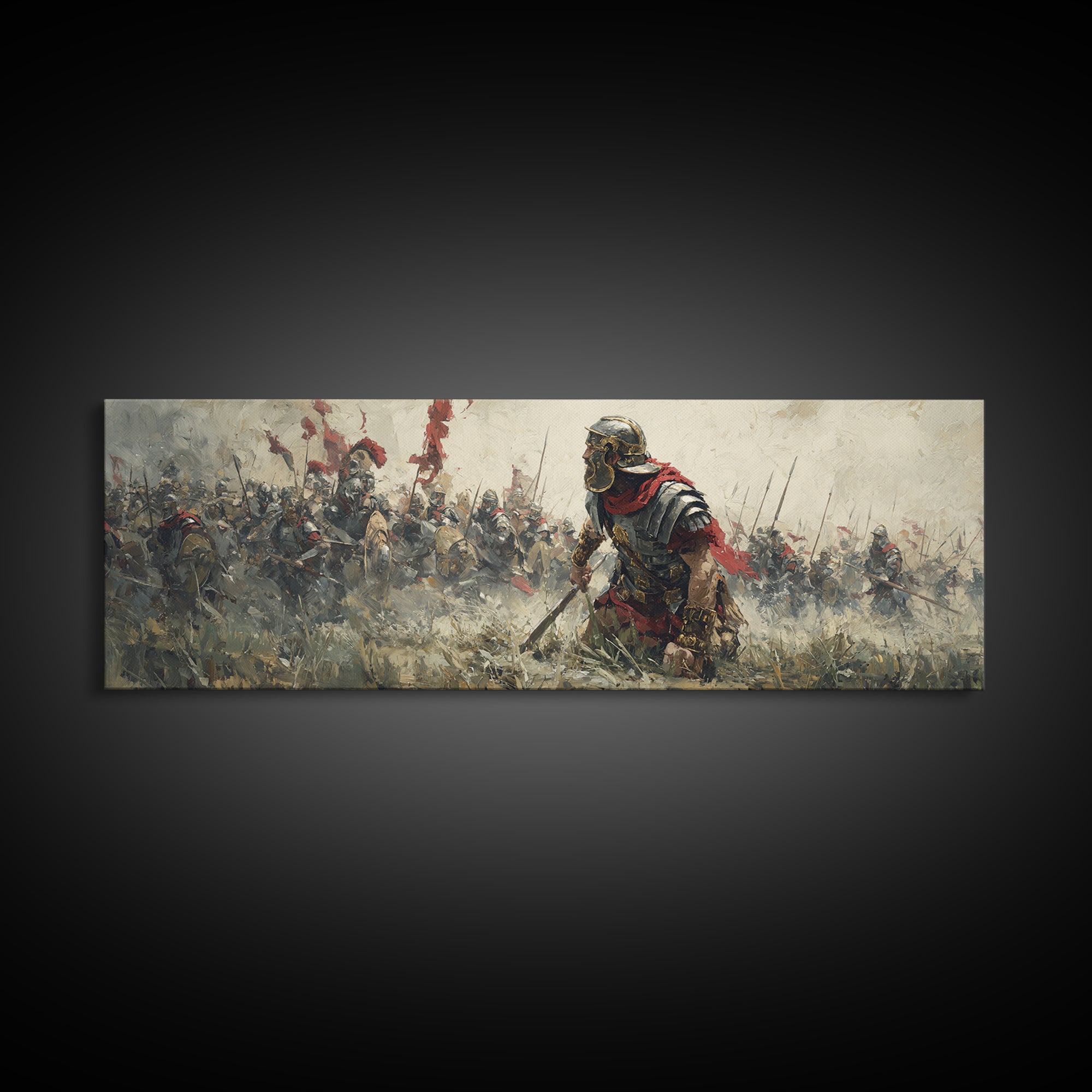 Ancient Warrior Leading Smoky Battlefield Wall Art, Panoramic Historical Battle Canvas, Masculine Office Decor Gift For Him