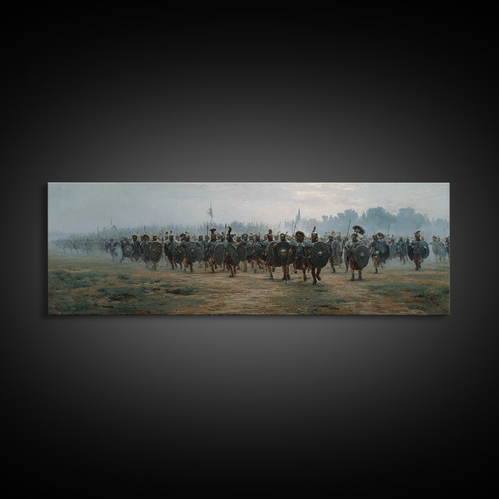 Misty Roman Army March Wall Art, Ancient Warrior Oil Painting Print, Panoramic History Decor, Large Living Room Art For Home Decor