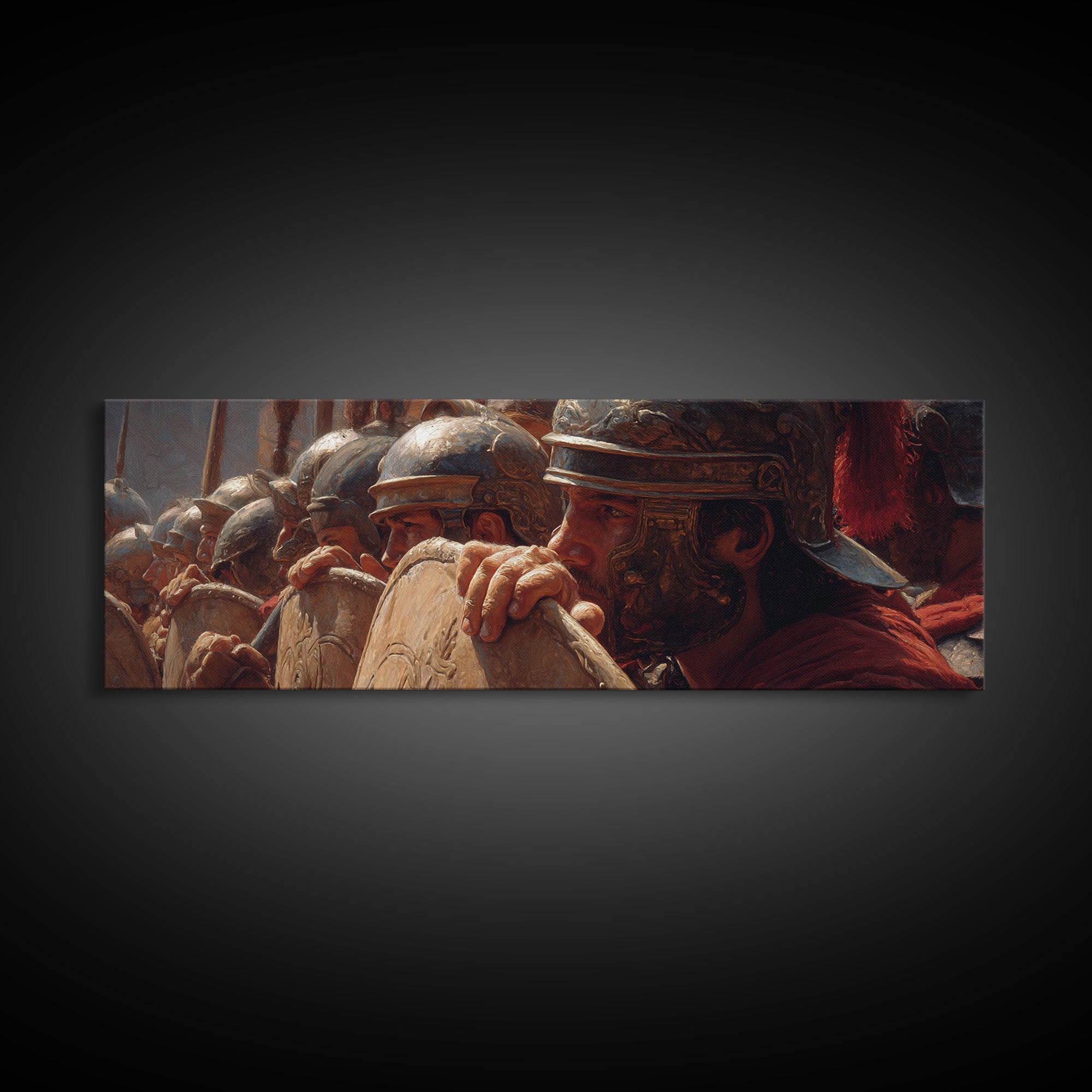 Roman Legion Shield Wall Art, Ancient Soldiers Framed Canvas Print, Historical Battle Decor For Masculine Office And Study