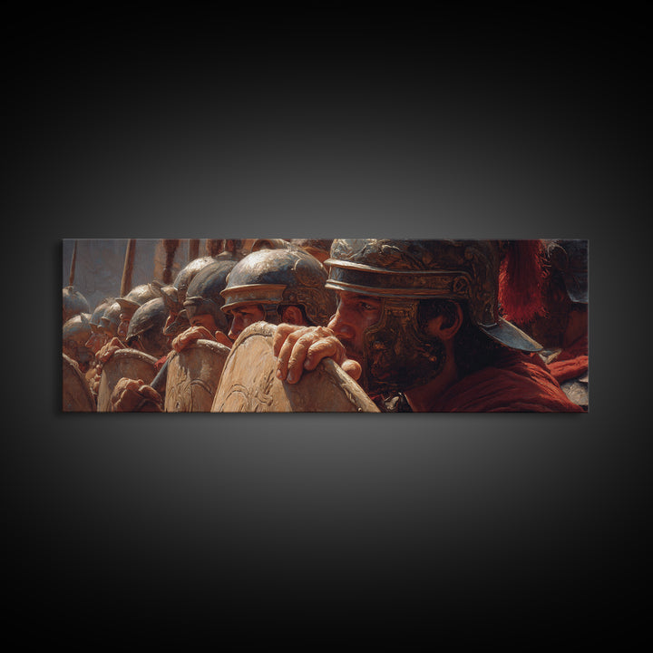 Roman Legion Shield Wall Art, Ancient Soldiers Framed Canvas Print, Historical Battle Decor For Masculine Office And Study