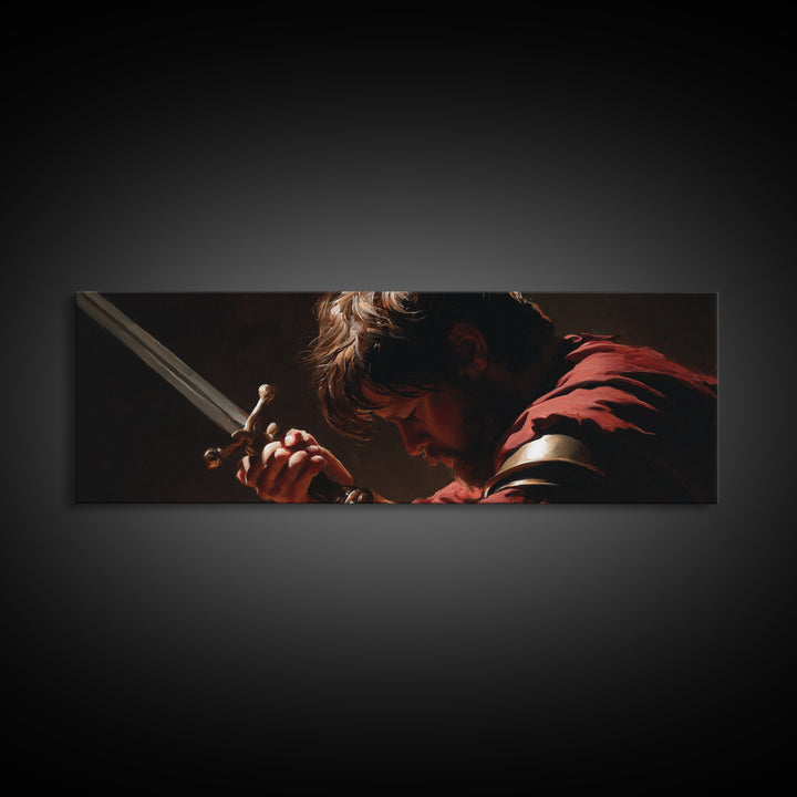 Brooding Warrior Holding Sword Wall Art, Dramatic Baroque Portrait Canvas Print, Masculine Gothic Office And Man Cave Decor
