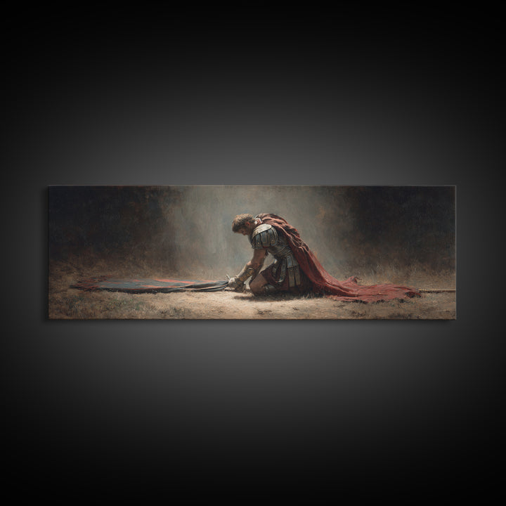 Fallen Roman Soldier With Red Cloak Framed Canvas Print, Classical Warrior Wall Art, Dark Academia Office Decor Gift For Him