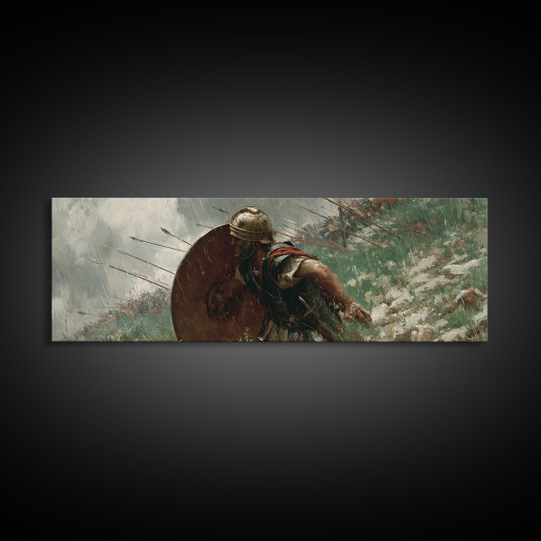 Ancient Shield Warrior Framed Canvas Print, Historical Battle Wall Art, Spartan Soldier Decor, Masculine Office Decor, Gift For Him